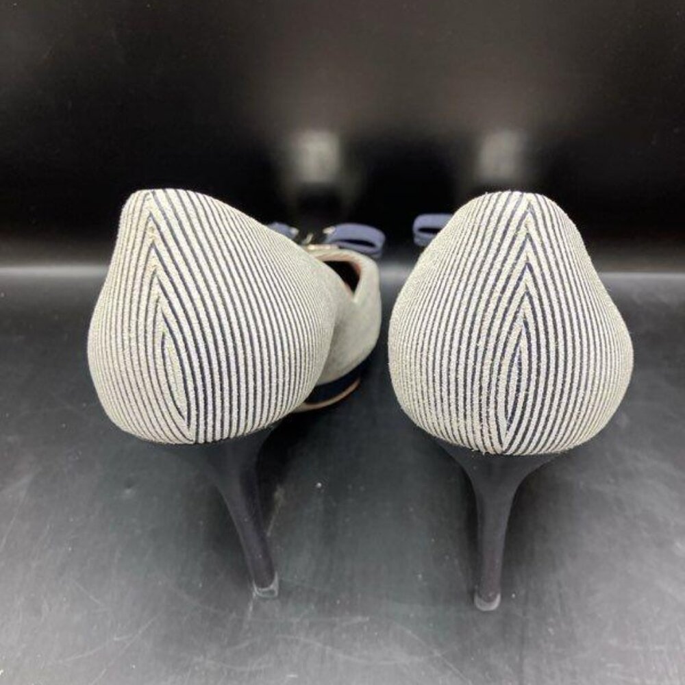 Salvatore Ferragamo Navy/White Stripe Peep-Toe Heels – Size 7.5B, Bow Accent - Picture 3 of 7